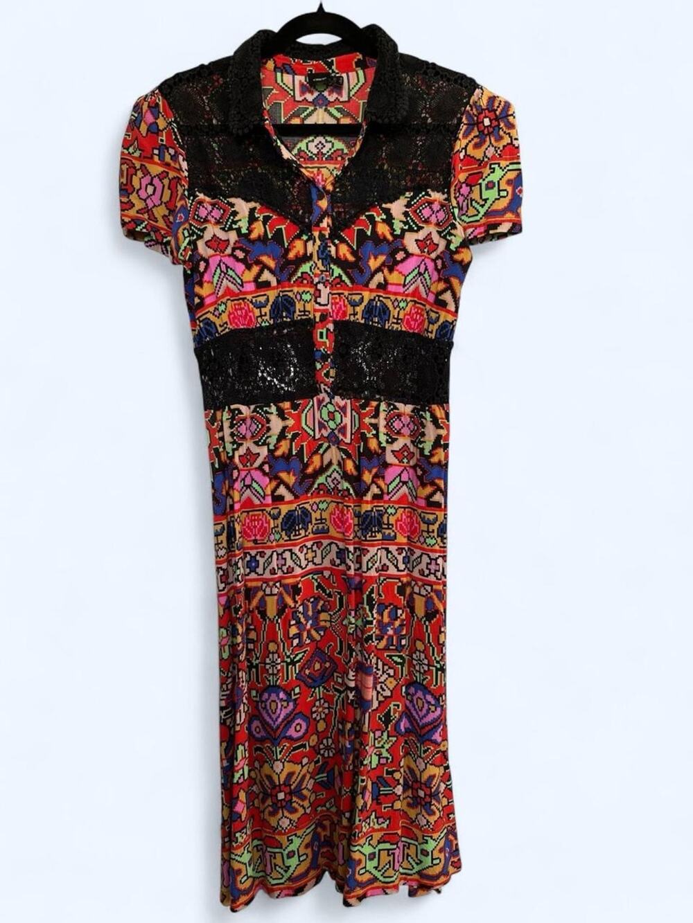 ASOS Boho Floral Aztec Midi Dress US 8 Black Crochet Lace Accent Button Front